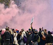 protestierende Menschenmenge vernebelt von Rauchbomben