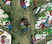 Illustriert ist ein alter, stämmiger Baum mit Ästen und grünem Laub. In der Baumkrone klettern Kinder, sitzen in einem dicken Astloch, liegen in einer Hängematte und klettern eine Strickleiter hinauf. Fast alle Kinder haben Bücher in der Hand.