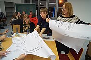 Flipcharts werden zwischen Gruppentischen ausgetauscht