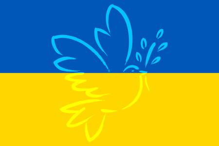 Ukrainische Flagge, zwei waagerechte Streifen, oder obere Blau, der untere gelb. Der blaue Himmel über den Getreidefeldern der Ukraine. darauf eine Friedenstaube.