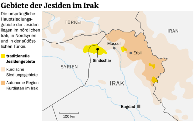 Grefik, Ländergrenzen Syrien, Irak, Türkei, Iran. Eingezeichnet ist das Jesidengebiet.